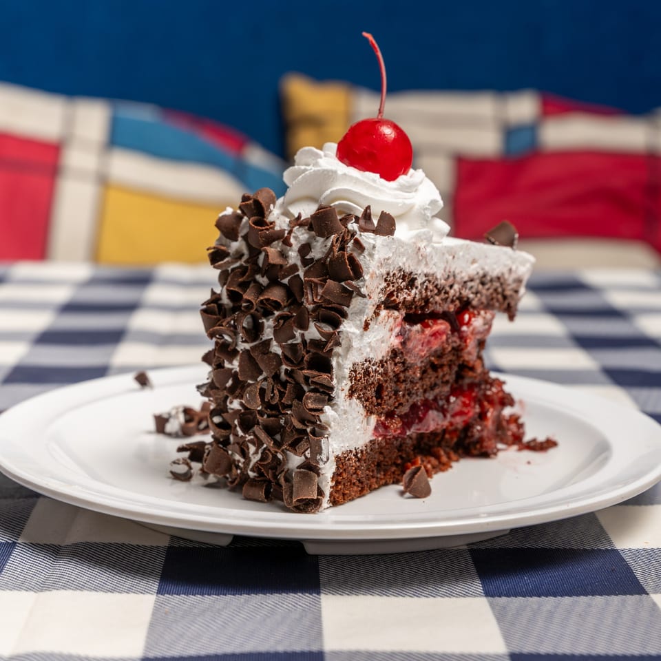 A slice of Black Forest cake with whipped cream, chocolate shavings, and a cherry on top.